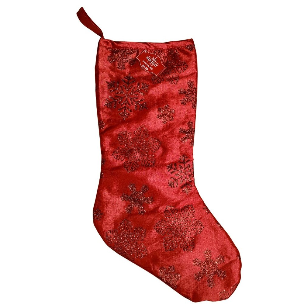 Holiday Time 19 inch Red Christmas Stocking With Glitter Snowflake Design